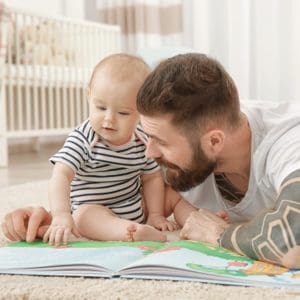 dad and baby reading, book gifts for kids