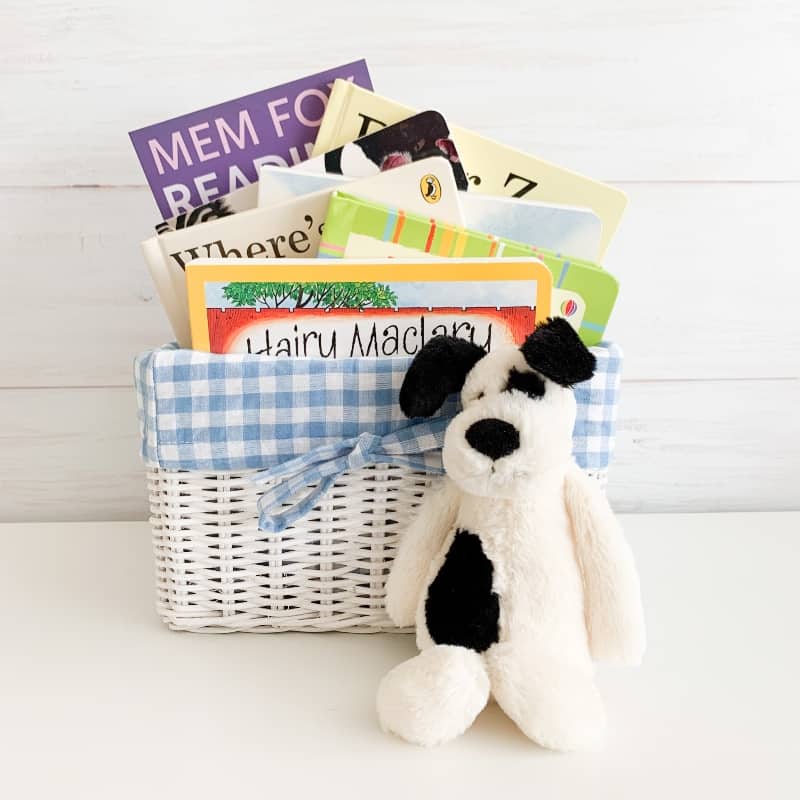 animal friends gift basket blue, animal books for kids