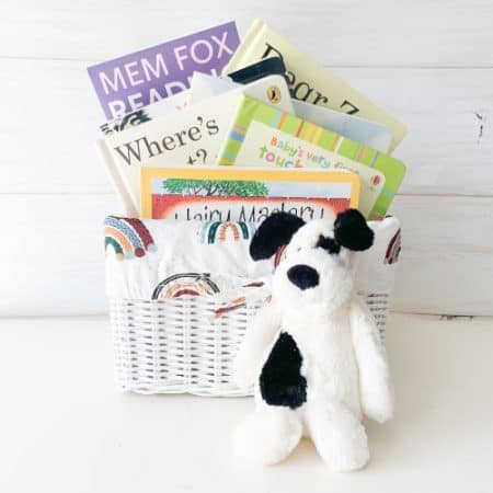animal friends gift basket boho rainbows, animal books for kids